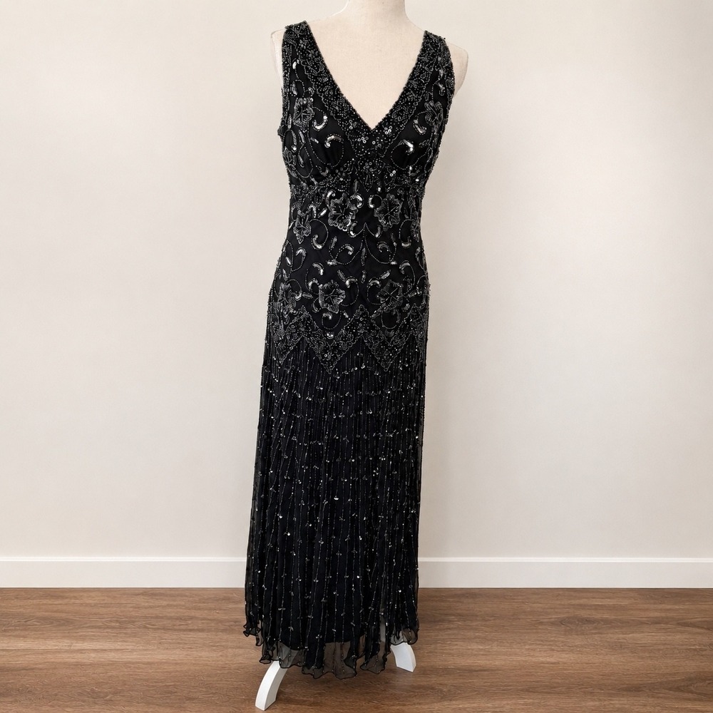 Pisarro Nights Maxi Dress Womens 8 Black Beaded Sequin Floral Gatsby Formal Gown